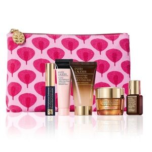 Estee Lauder Pink Patterned Cosmetic Pouch with Skincare Set
